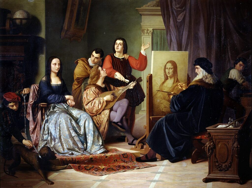 Ч. Маккари. Леонардо пишет портрет Джоконды. 1863. Изображена мастерская художника, Джоконду развлекают музыканты