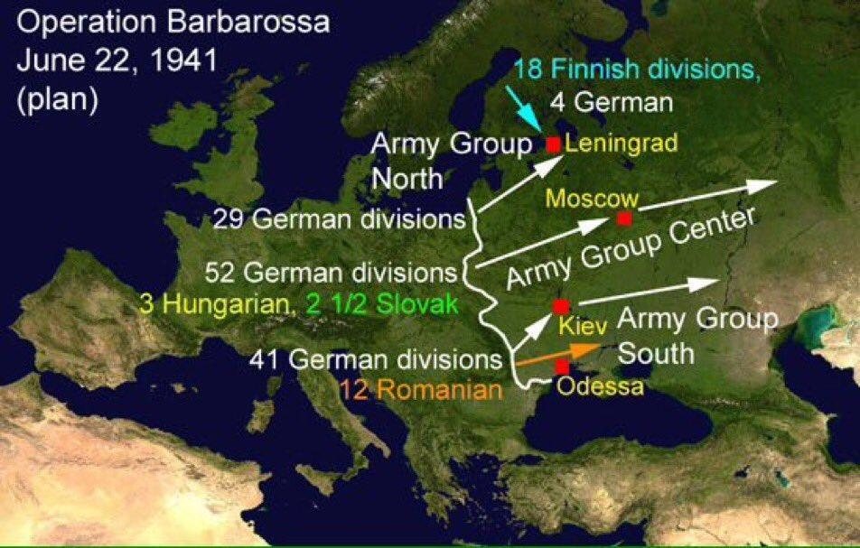 Карта основных направлений германского наступления в 1941 году: Ленинград, центральное направление к Москве и Украина.