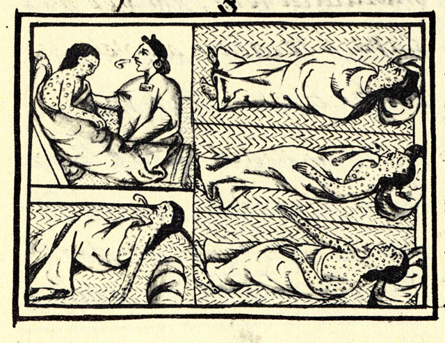 Сопроводительные рисунки к тексту из Флорентийского кодекса (1540-1585 гг.): индеец науа страдает от оспы (эпоха завоеваний испанцами центральной Мексики)