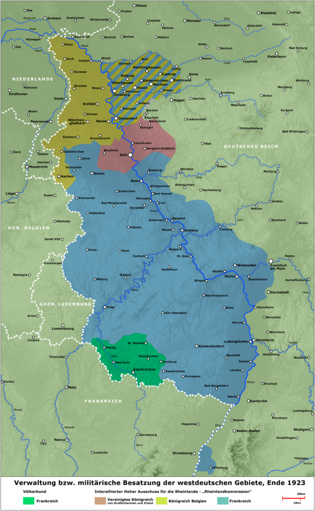 Зоны оккупации Рейнской области в 1923 г.: бельгийская - желтый, британская - красный, французская - синий, территория Саара - зеленый