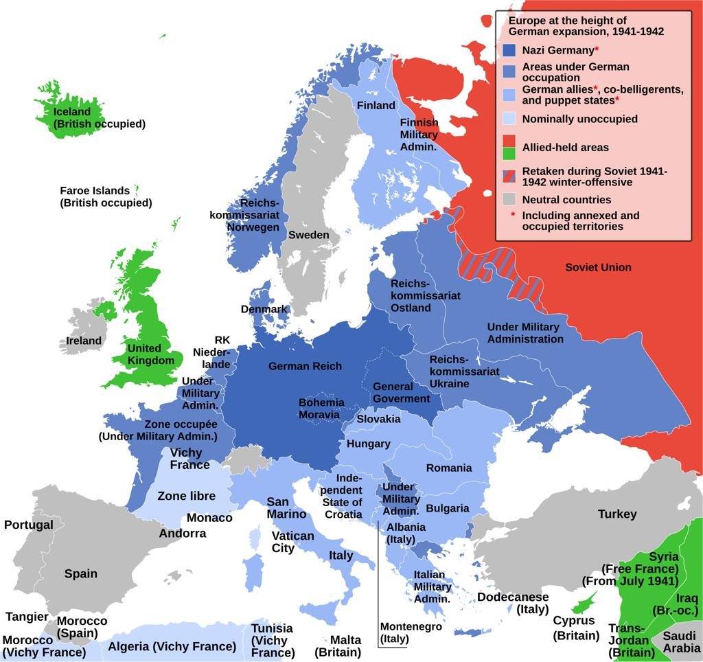 Германское господство в Европе в 1938-1942 годах. Карта показывает различные формы контроля, включая присоединенные и оккупированные территории.