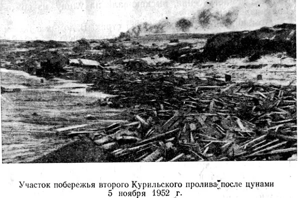 Последствия цунами 1952 года на побережье второго Курильского пролива